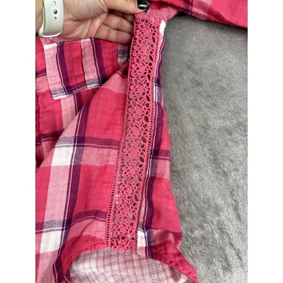 Maurices Small Pink Flannel Button Down Shirt Crochet Down Side Western Preppy - Picture 8 of 9
